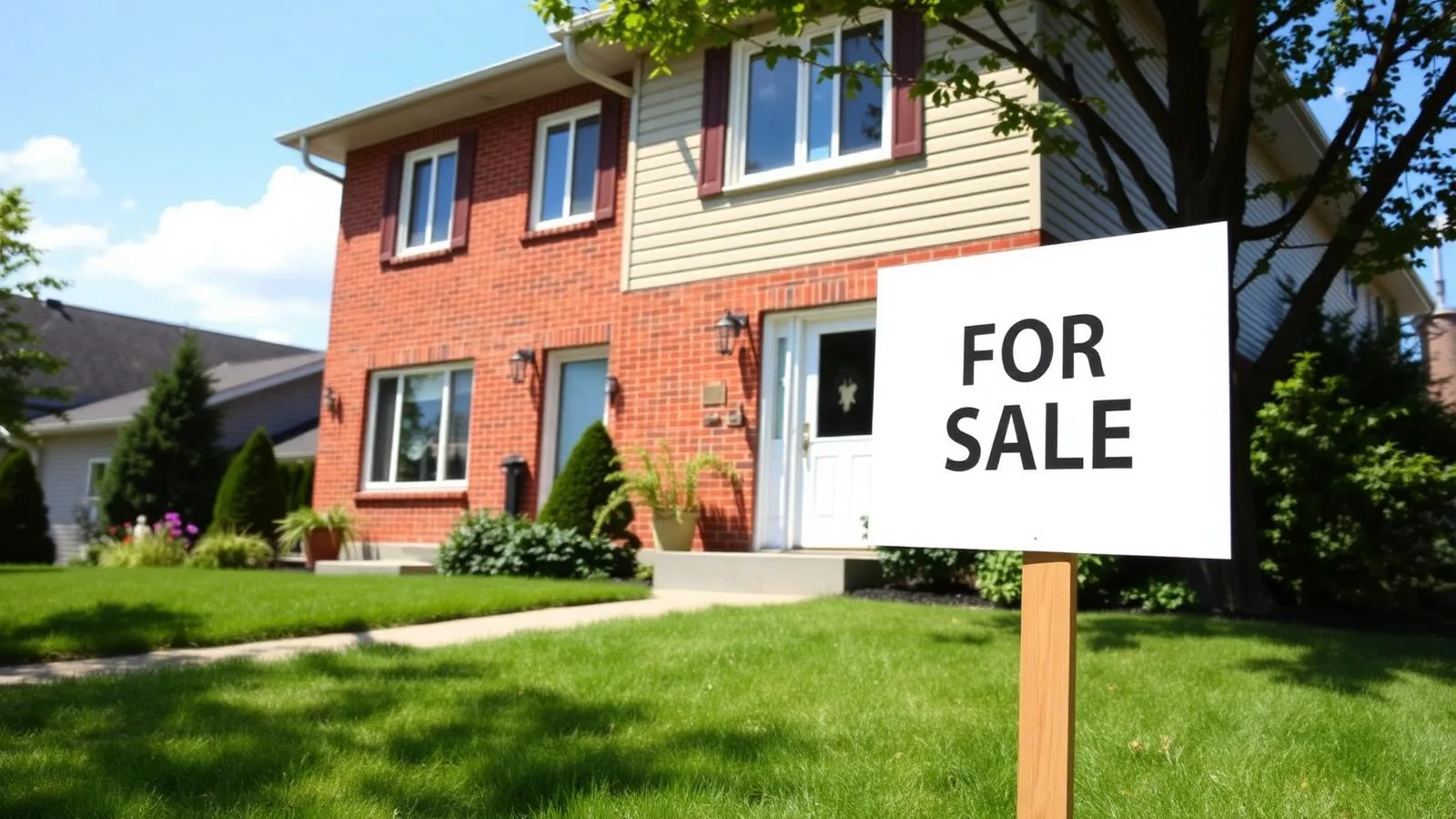 Façade d'une maison québécoise avec une pancarte À vendre générique sur le terrain avant