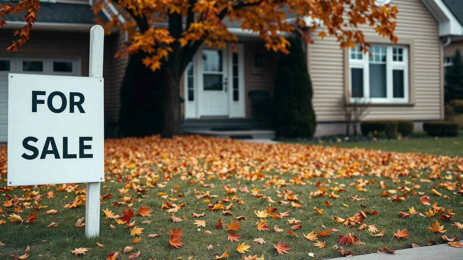 Pancarte À vendre défraîchie devant une maison en automne, feuilles mortes au sol