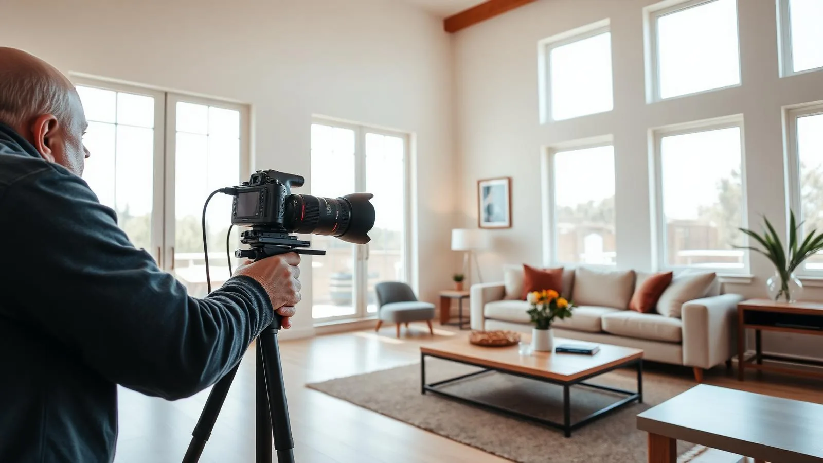 Photographe immobilier en action dans un salon lumineux, appareil sur trépied