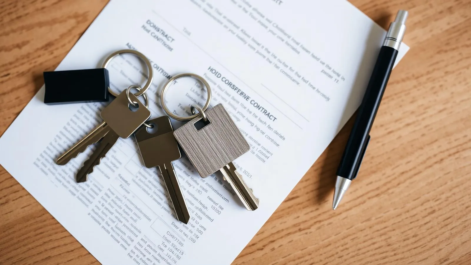 Deux jeux de clés de maison posés sur un contrat papier avec un stylo
